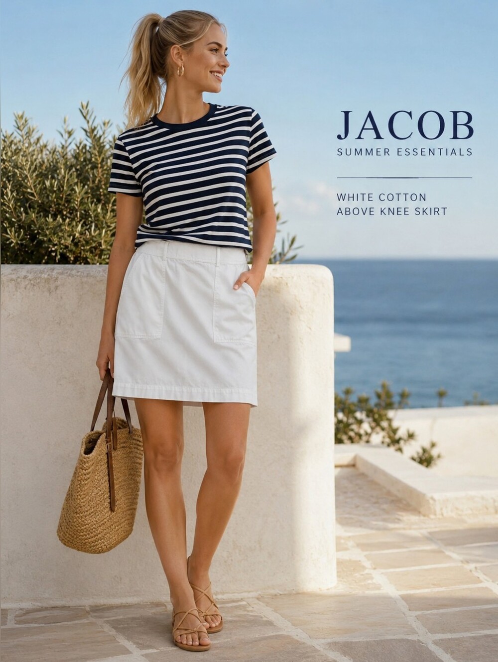JACOB White Cotton Summer Skirt Above Knee Pockets Sz S